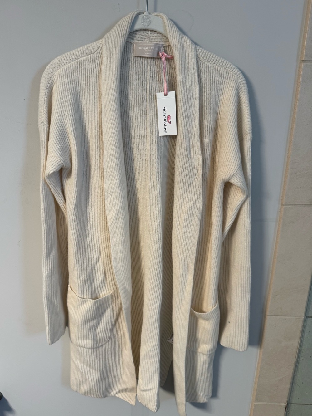 Vineyard Vines Cream Ribbed Open-Front Cashmere Cardigan